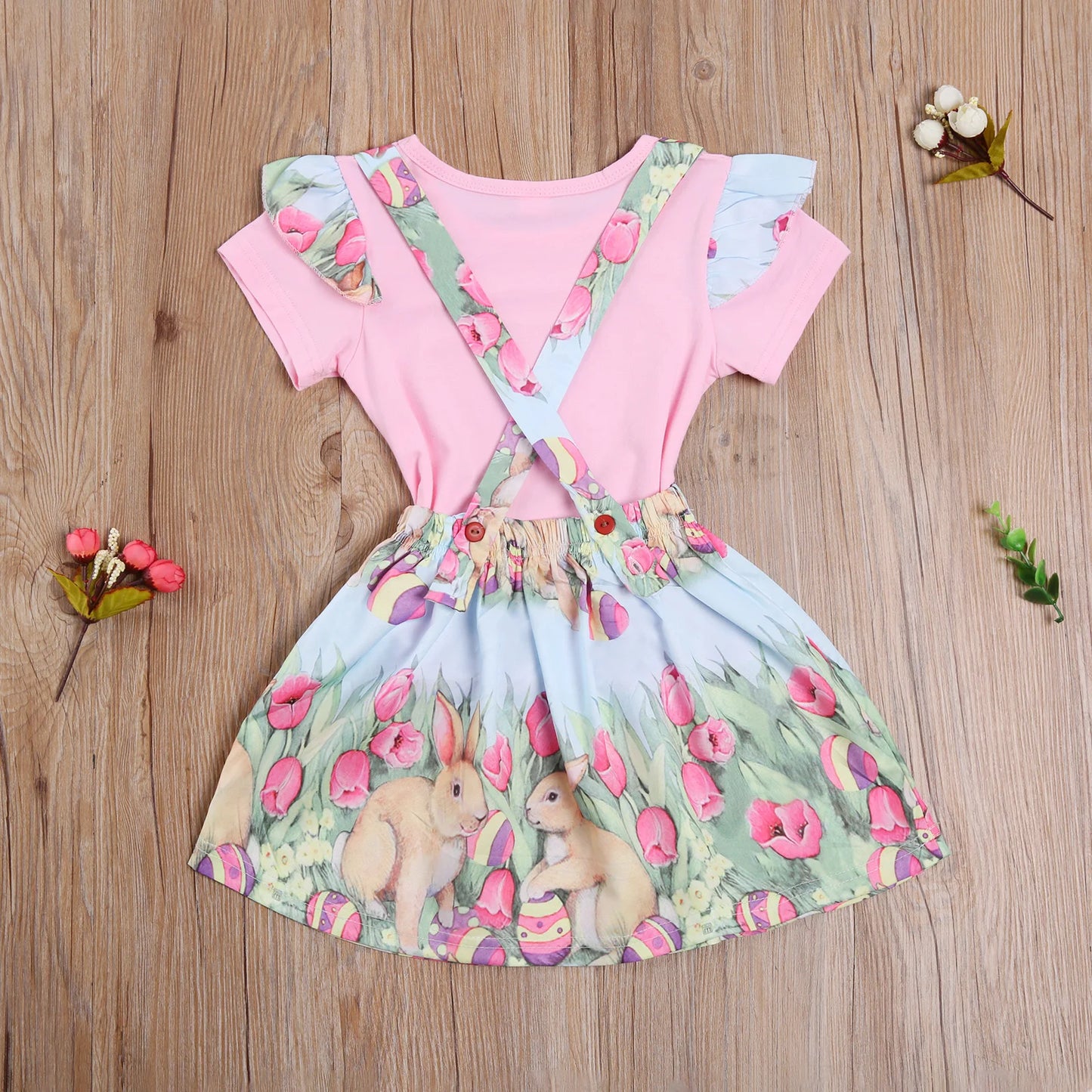 2021 Easter Outfit Set for Infant Girls, including a Solid Short Sleeve Top with Crew Neck and a Bunny Straps Skirt, Perfect for Toddlers