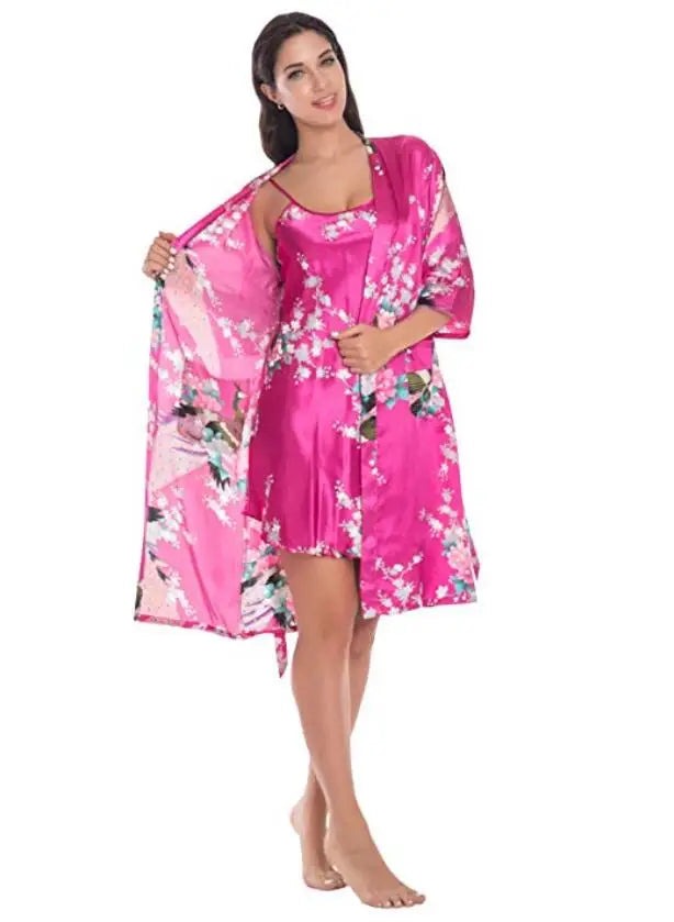 Women's summer mini kimono robe in fashionable style, made of comfortable rayon fabric. This versatile garment can be worn as a bath gown, yukata, nightgown, or sleepwear. Available in sizes M to XL.