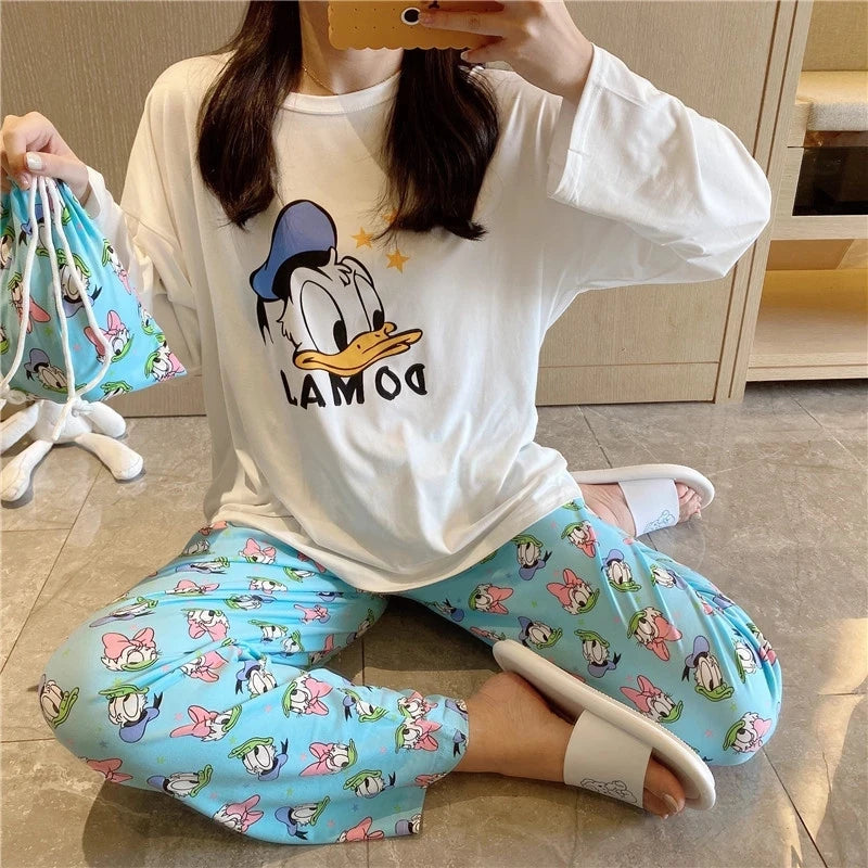 Printed Pajama Set for Girls with Daisy Pattern, Ideal for Spring and Autumn, Featuring Cute Cartoon Design with Long Sleeves and Pants, Suitable for Homewear