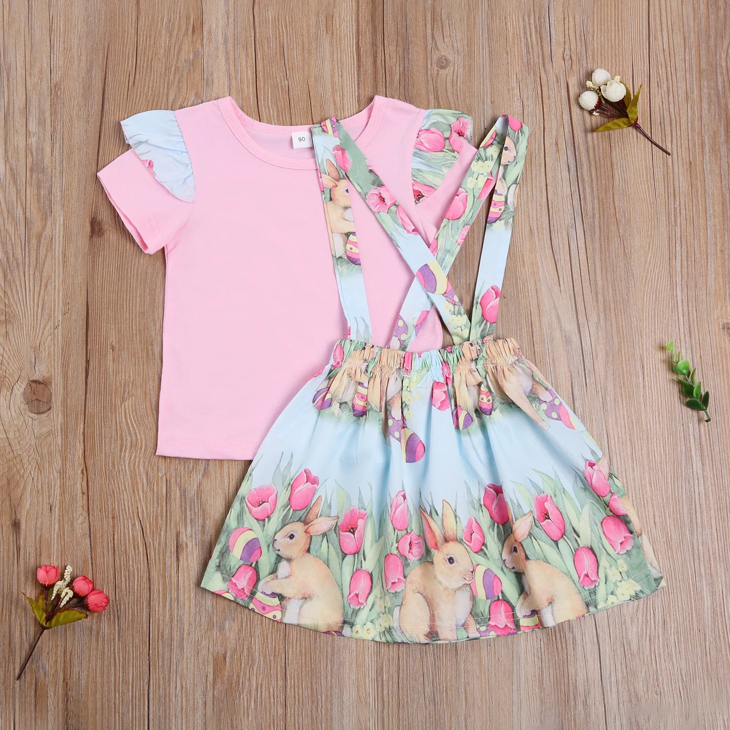 2021 Easter Outfit Set for Infant Girls, including a Solid Short Sleeve Top with Crew Neck and a Bunny Straps Skirt, Perfect for Toddlers