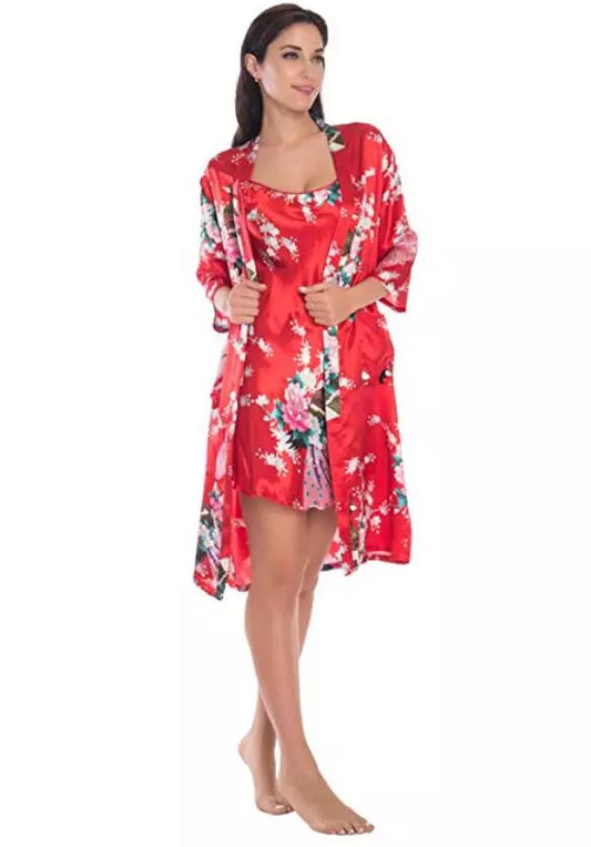 Women's summer mini kimono robe in fashionable style, made of comfortable rayon fabric. This versatile garment can be worn as a bath gown, yukata, nightgown, or sleepwear. Available in sizes M to XL.