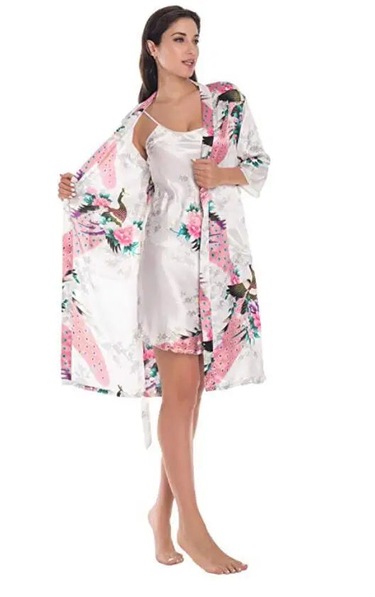 Women's summer mini kimono robe in fashionable style, made of comfortable rayon fabric. This versatile garment can be worn as a bath gown, yukata, nightgown, or sleepwear. Available in sizes M to XL.