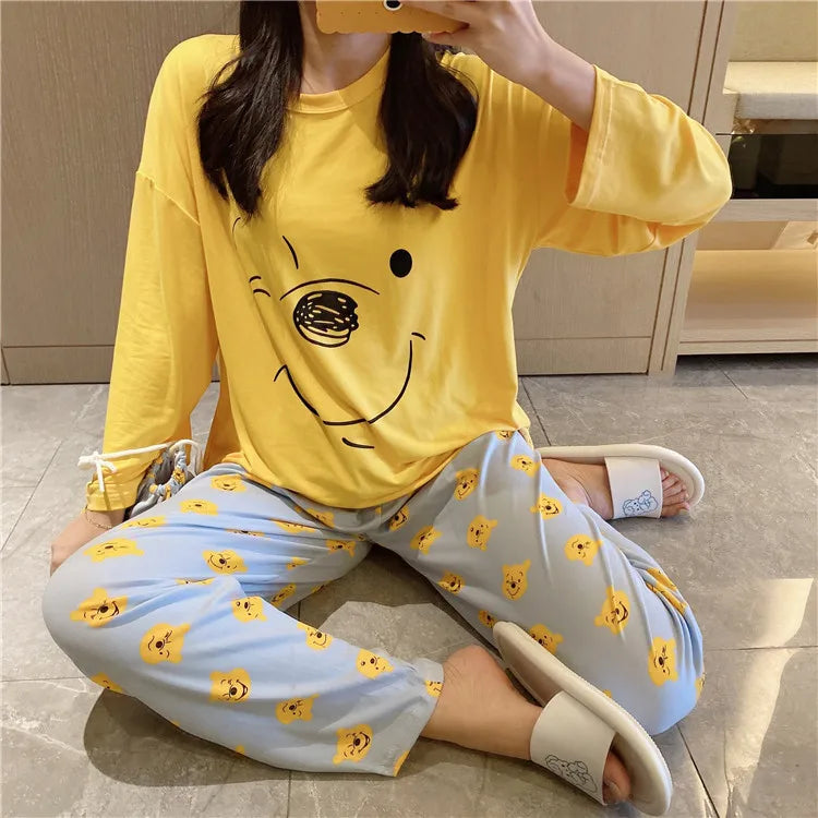 Printed Pajama Set for Girls with Daisy Pattern, Ideal for Spring and Autumn, Featuring Cute Cartoon Design with Long Sleeves and Pants, Suitable for Homewear