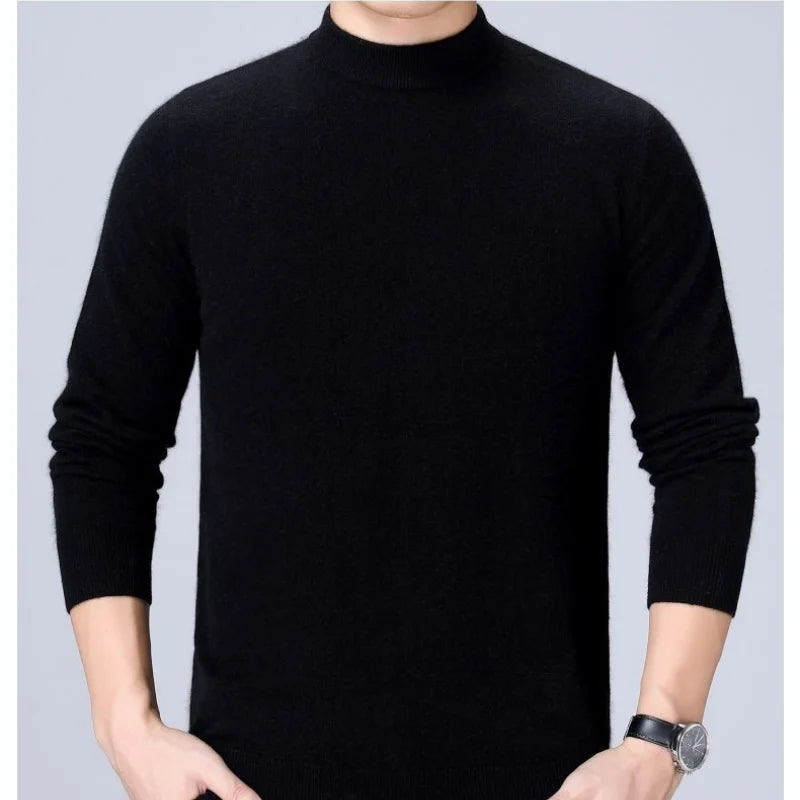 Spring Fashion New Korean Casual Men's High End Half High Neck Long Sleeve Sweater Patchwork Screw Thread Loose Warm Knitted Top