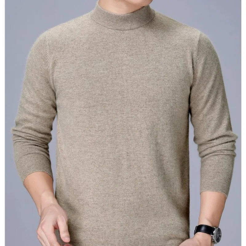 Spring Fashion New Korean Casual Men's High End Half High Neck Long Sleeve Sweater Patchwork Screw Thread Loose Warm Knitted Top