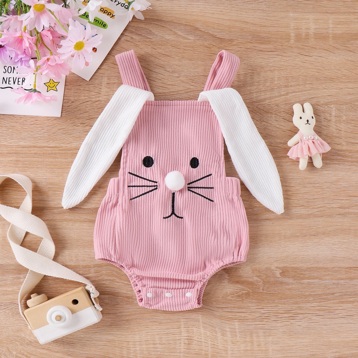 Infant Baby Girls' and Boys' Easter Rompers in 2 Colors, featuring Sleeveless Design with Rabbit Embroidery and 3D Ears, Perfect for Summer Casual Outfits