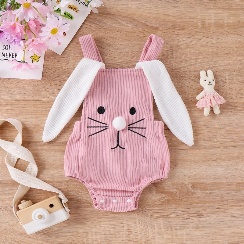 Infant Baby Girls' and Boys' Easter Rompers in 2 Colors, featuring Sleeveless Design with Rabbit Embroidery and 3D Ears, Perfect for Summer Casual Outfits