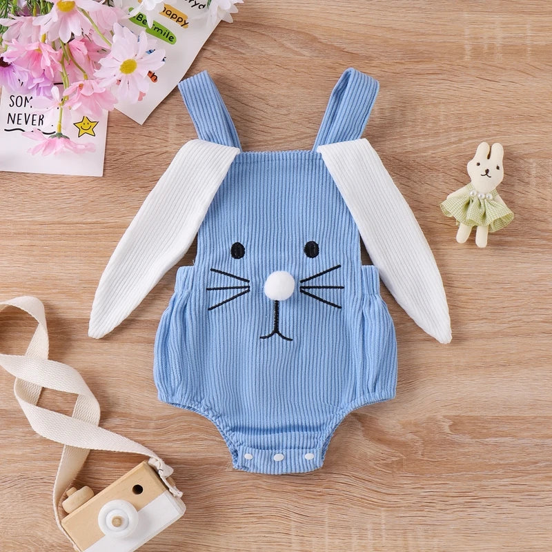 Infant Baby Girls' and Boys' Easter Rompers in 2 Colors, featuring Sleeveless Design with Rabbit Embroidery and 3D Ears, Perfect for Summer Casual Outfits