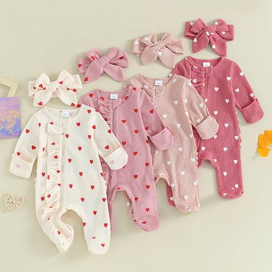 Valentine's Day Footed Jumpsuit for Baby Girls, featuring Heart Print, Ruffle Details, Long Sleeves, Crew Neck, and Zipper Closure, includes a matching Headband, Suitable for 0-6M