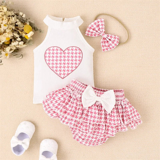 Summer Outfit Set for Toddler Baby Girls, including Sleeveless Tank Tops with Heart Embroidery, Ruffle Shorts, and a Bow Headband, Perfect Infant Clothing Ensemble