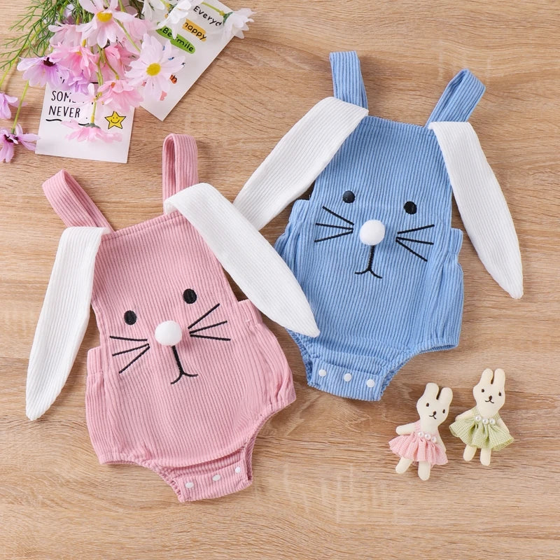 Infant Baby Girls' and Boys' Easter Rompers in 2 Colors, featuring Sleeveless Design with Rabbit Embroidery and 3D Ears, Perfect for Summer Casual Outfits