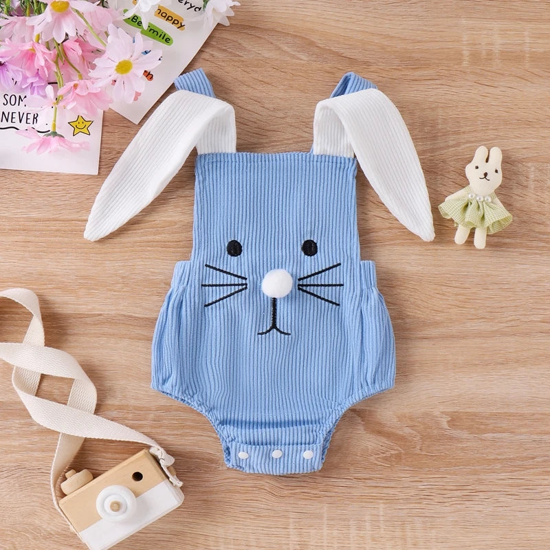 Infant Baby Girls' and Boys' Easter Rompers in 2 Colors, featuring Sleeveless Design with Rabbit Embroidery and 3D Ears, Perfect for Summer Casual Outfits