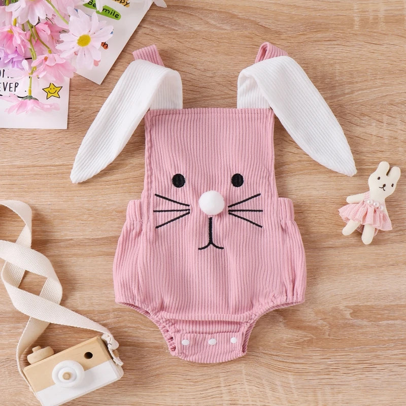 Infant Baby Girls' and Boys' Easter Rompers in 2 Colors, featuring Sleeveless Design with Rabbit Embroidery and 3D Ears, Perfect for Summer Casual Outfits