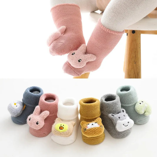 Anti-Slip Cartoon Baby Socks for Girls and Boys: Rabbit and Bear Design, Soft Warm Toddler Indoor Floor Socks for Kids