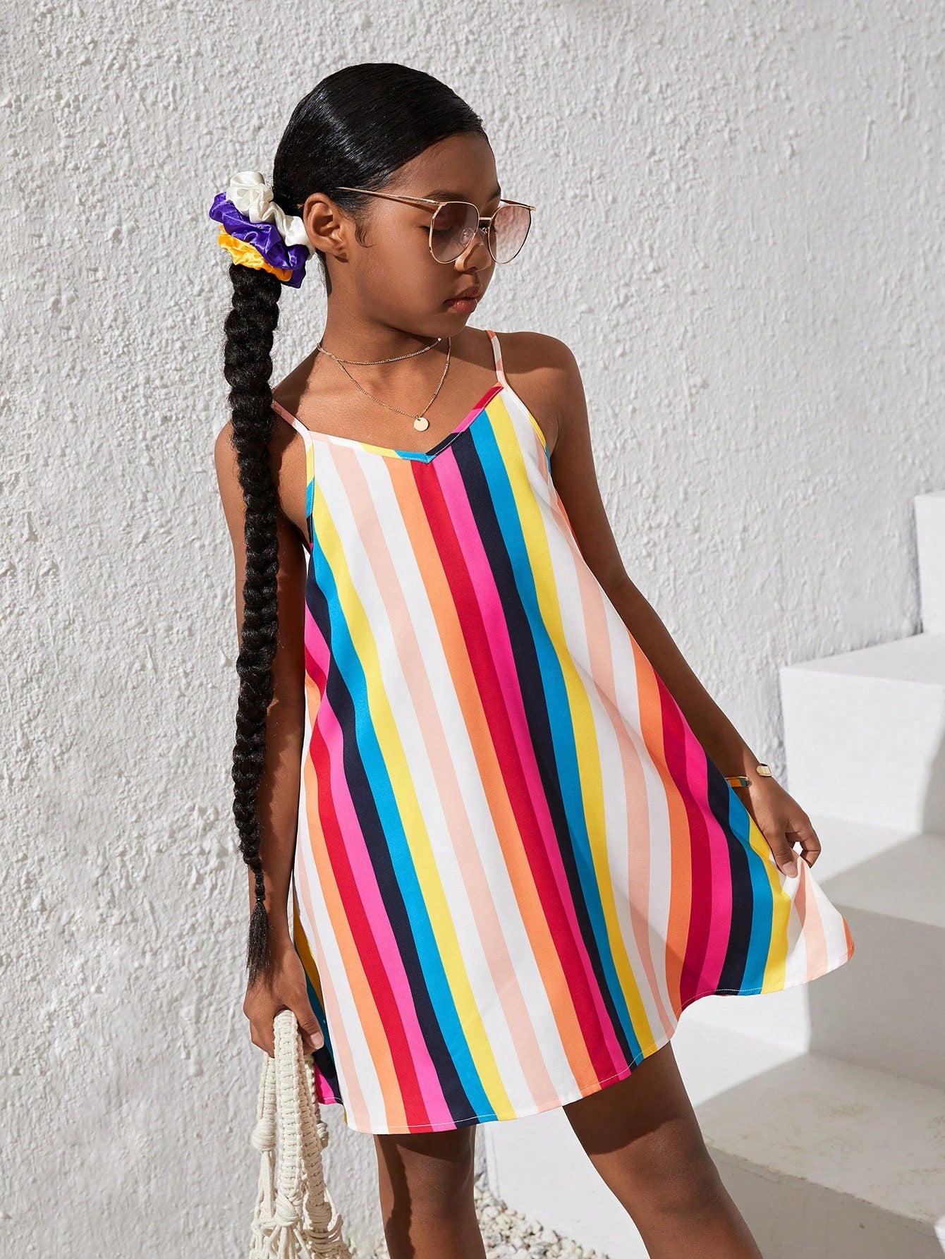 Loose Fit Dress for Tween Girls, featuring Casual Rainbow Stripes and Adjustable Spaghetti Straps