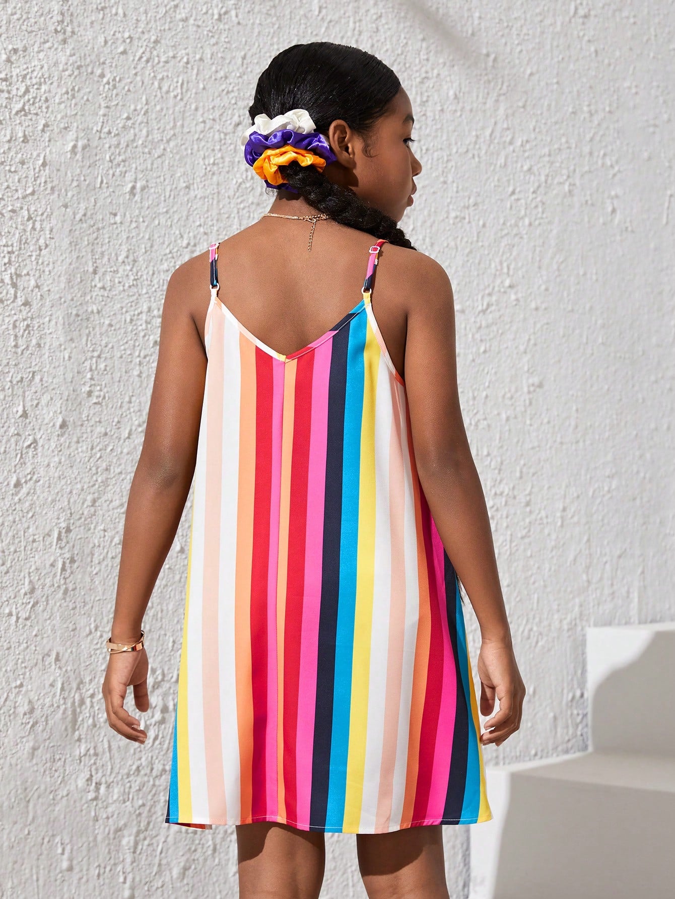 Loose Fit Dress for Tween Girls, featuring Casual Rainbow Stripes and Adjustable Spaghetti Straps