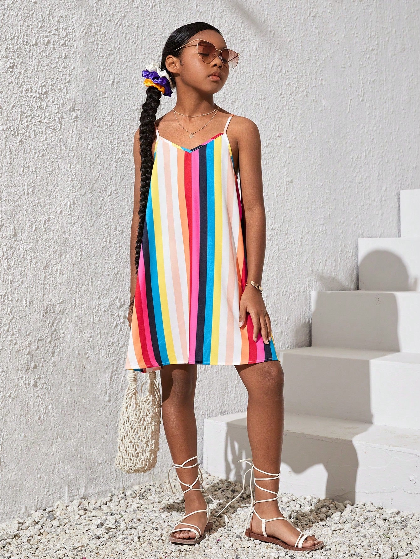 Loose Fit Dress for Tween Girls, featuring Casual Rainbow Stripes and Adjustable Spaghetti Straps