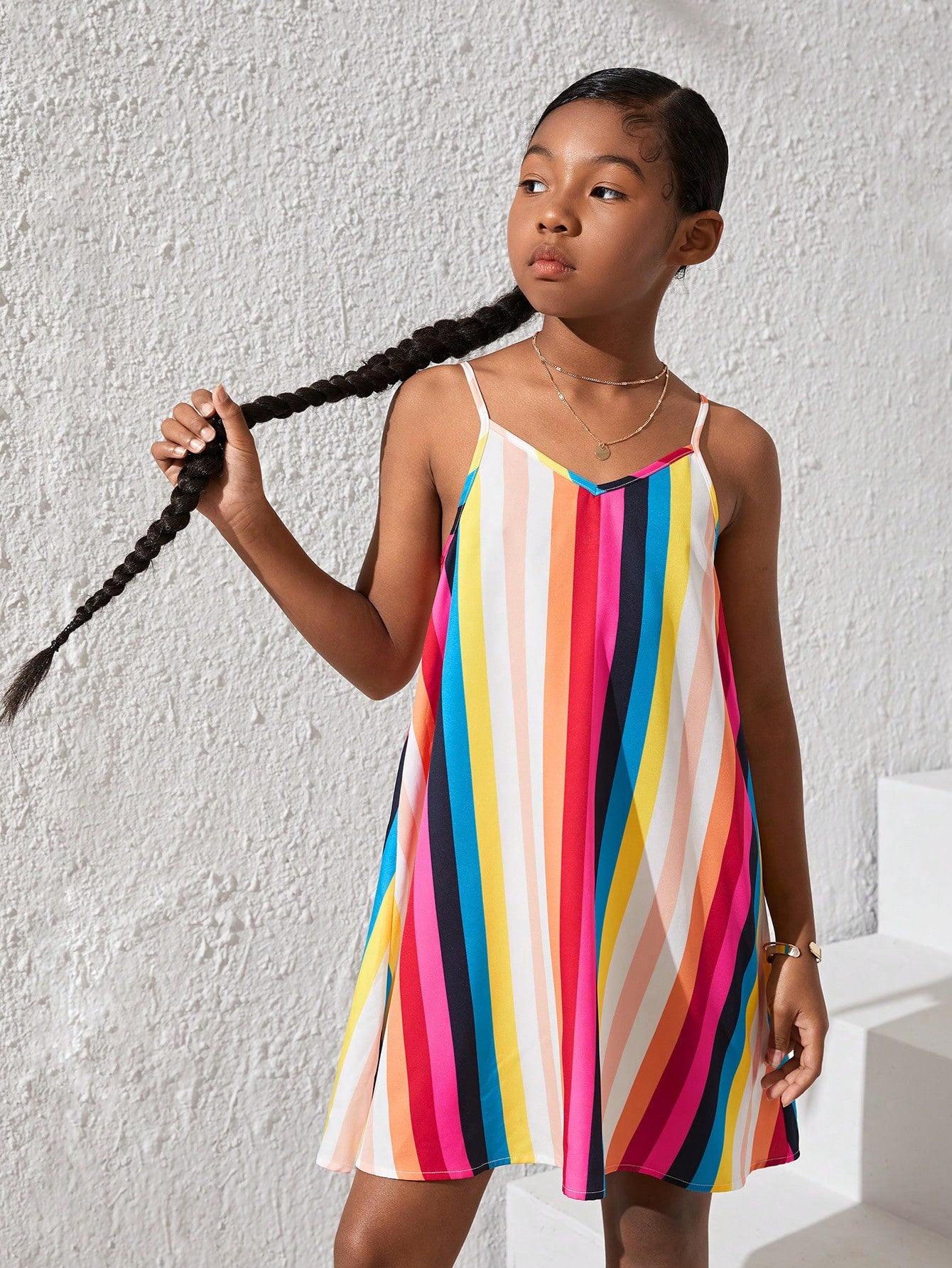 Loose Fit Dress for Tween Girls, featuring Casual Rainbow Stripes and Adjustable Spaghetti Straps