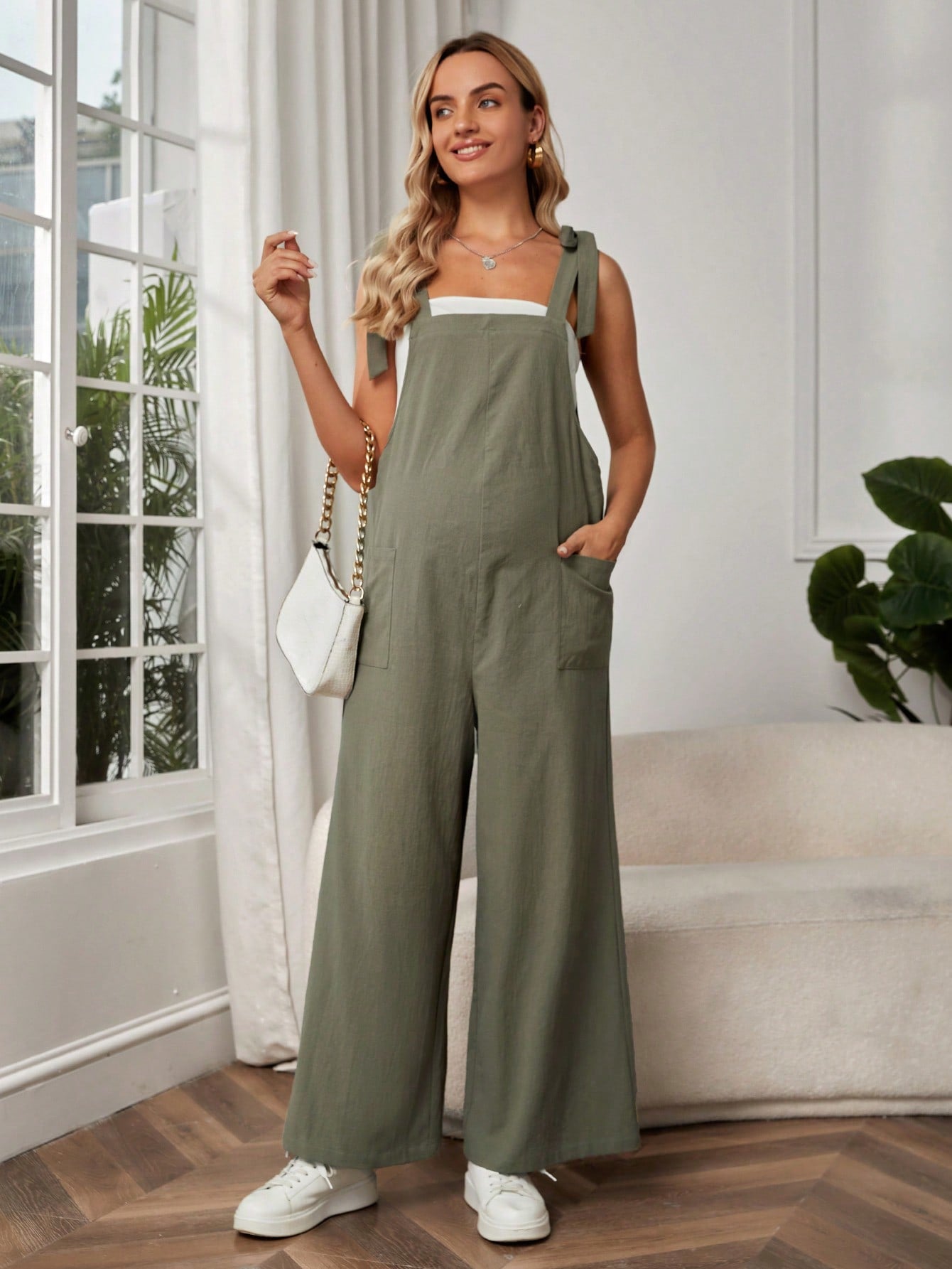 Maternity Jumpsuit with Front Pockets and Knot Shoulder Straps