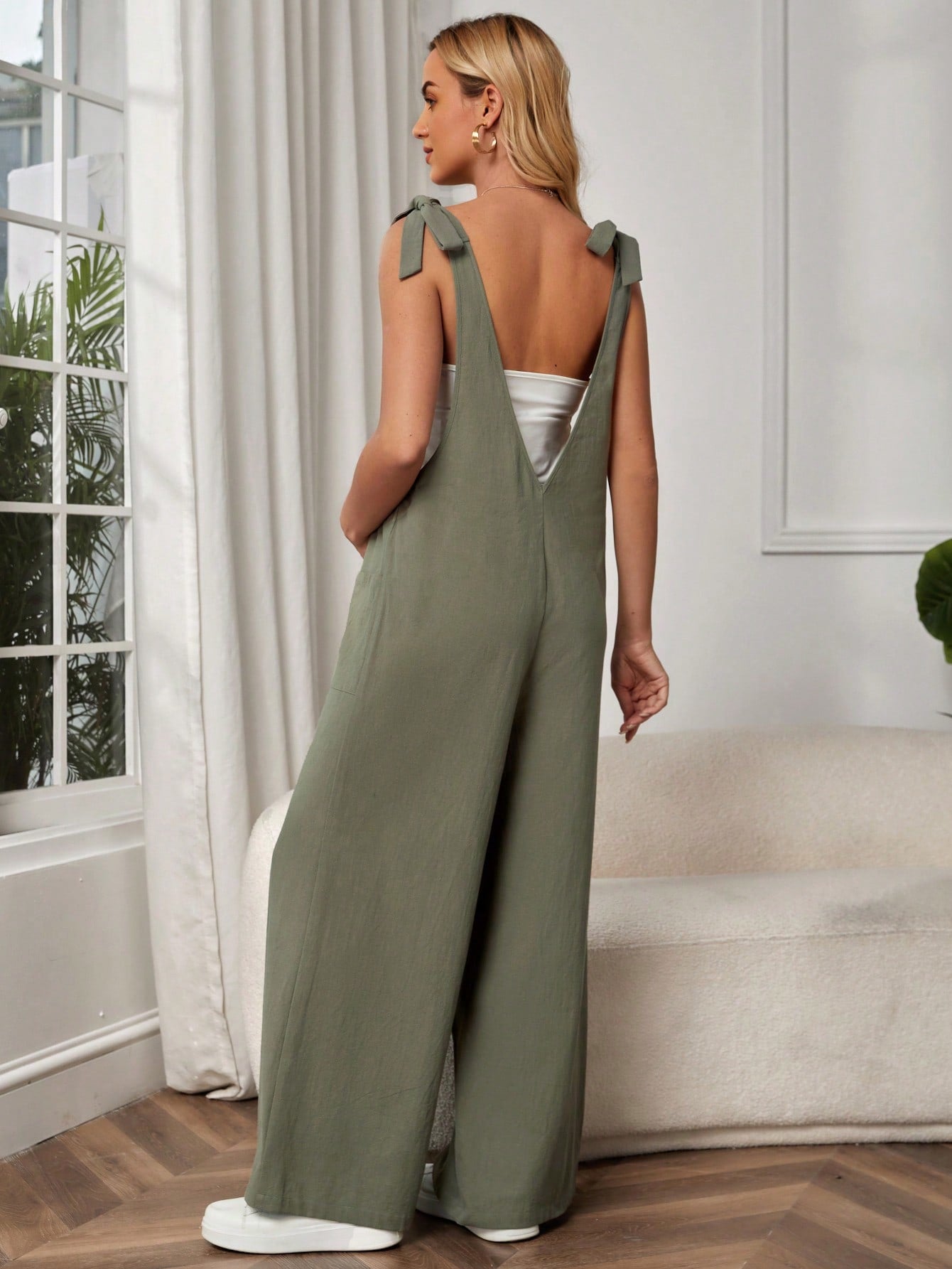 Maternity Jumpsuit with Front Pockets and Knot Shoulder Straps