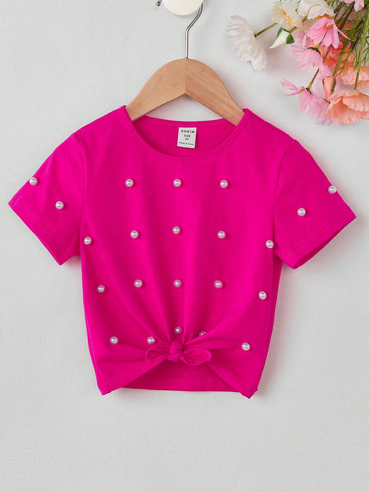 Knitted Pink T-shirt for Toddler Girls, Adorned with Pearl-Studded Hem and Bow Tie Detail