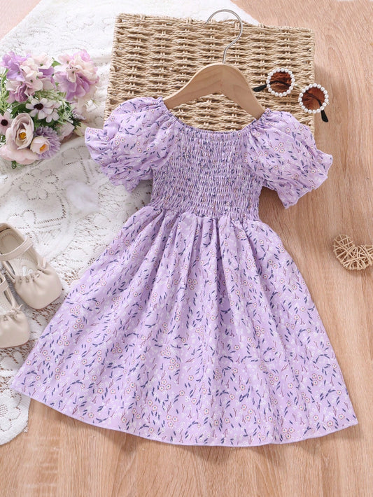 Ditsy Floral Print Puff Sleeve Dress for Young Girls