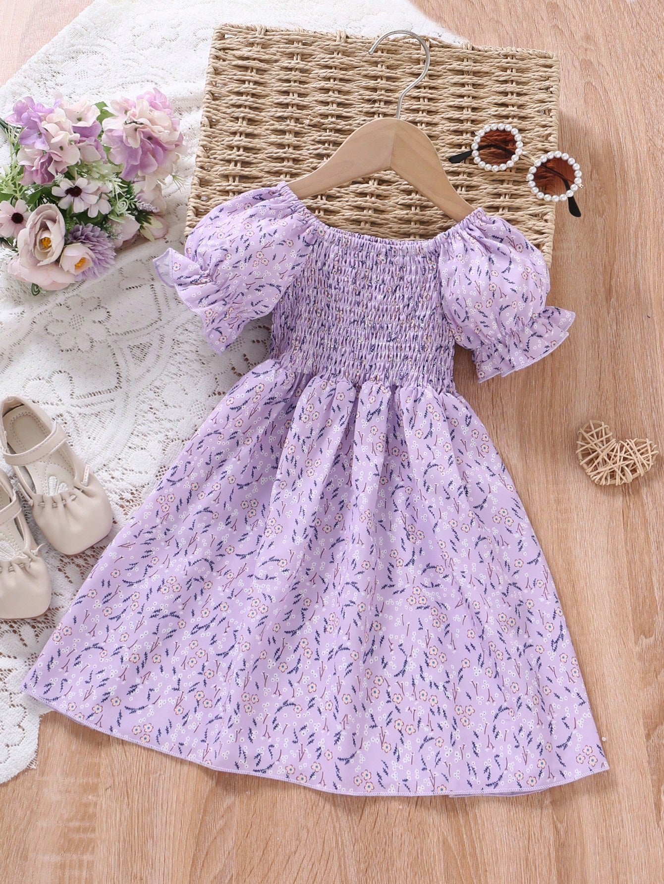 Ditsy Floral Print Puff Sleeve Dress for Young Girls