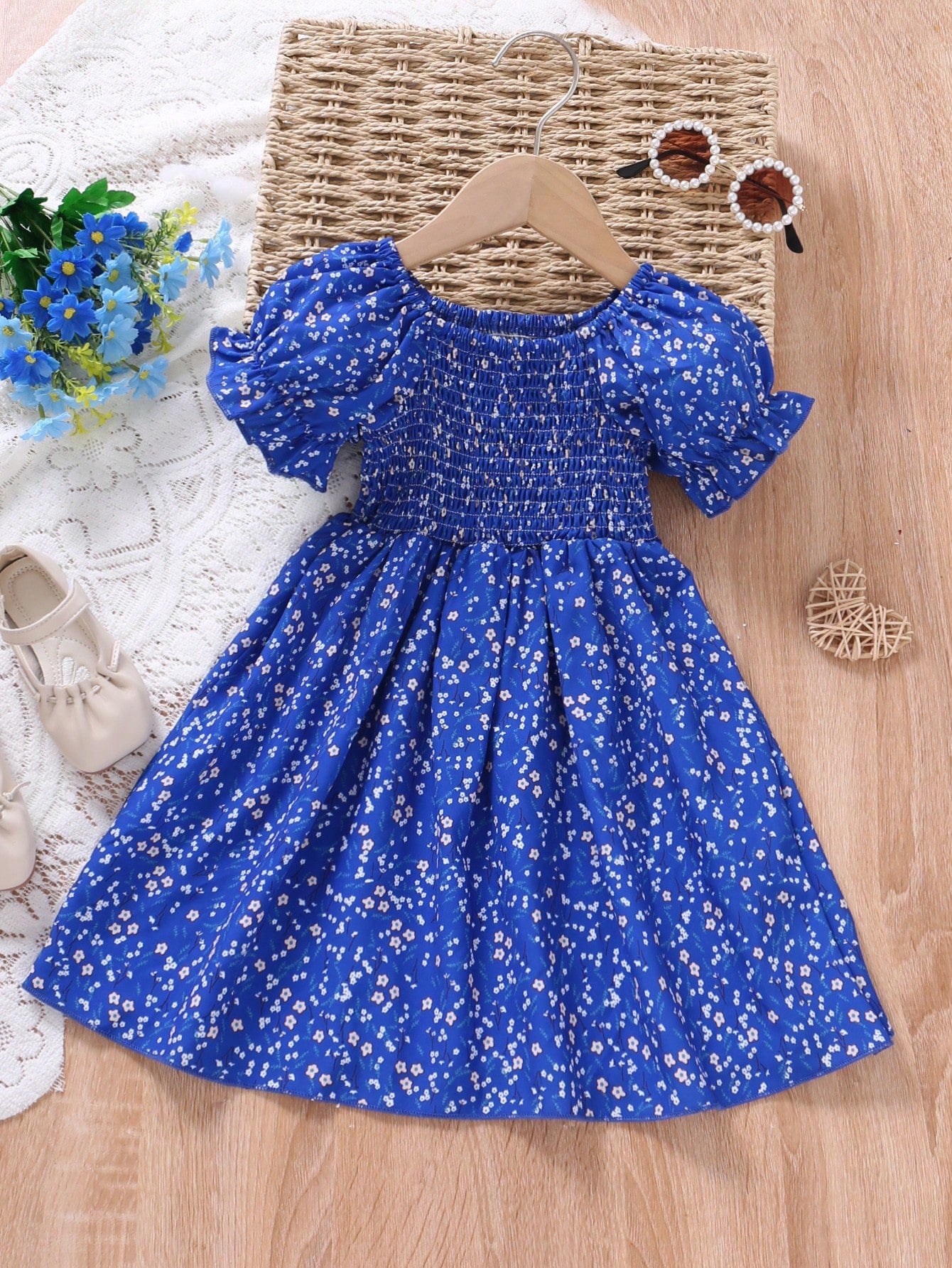 Ditsy Floral Print Puff Sleeve Dress for Young Girls