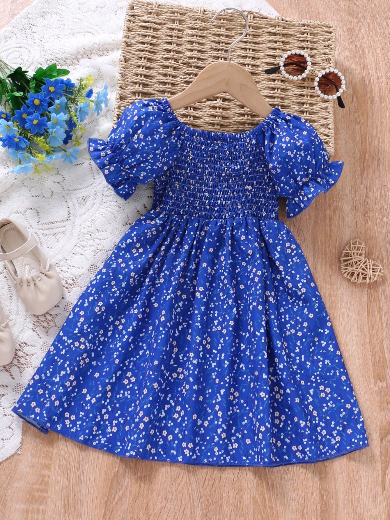 Ditsy Floral Print Puff Sleeve Dress for Young Girls