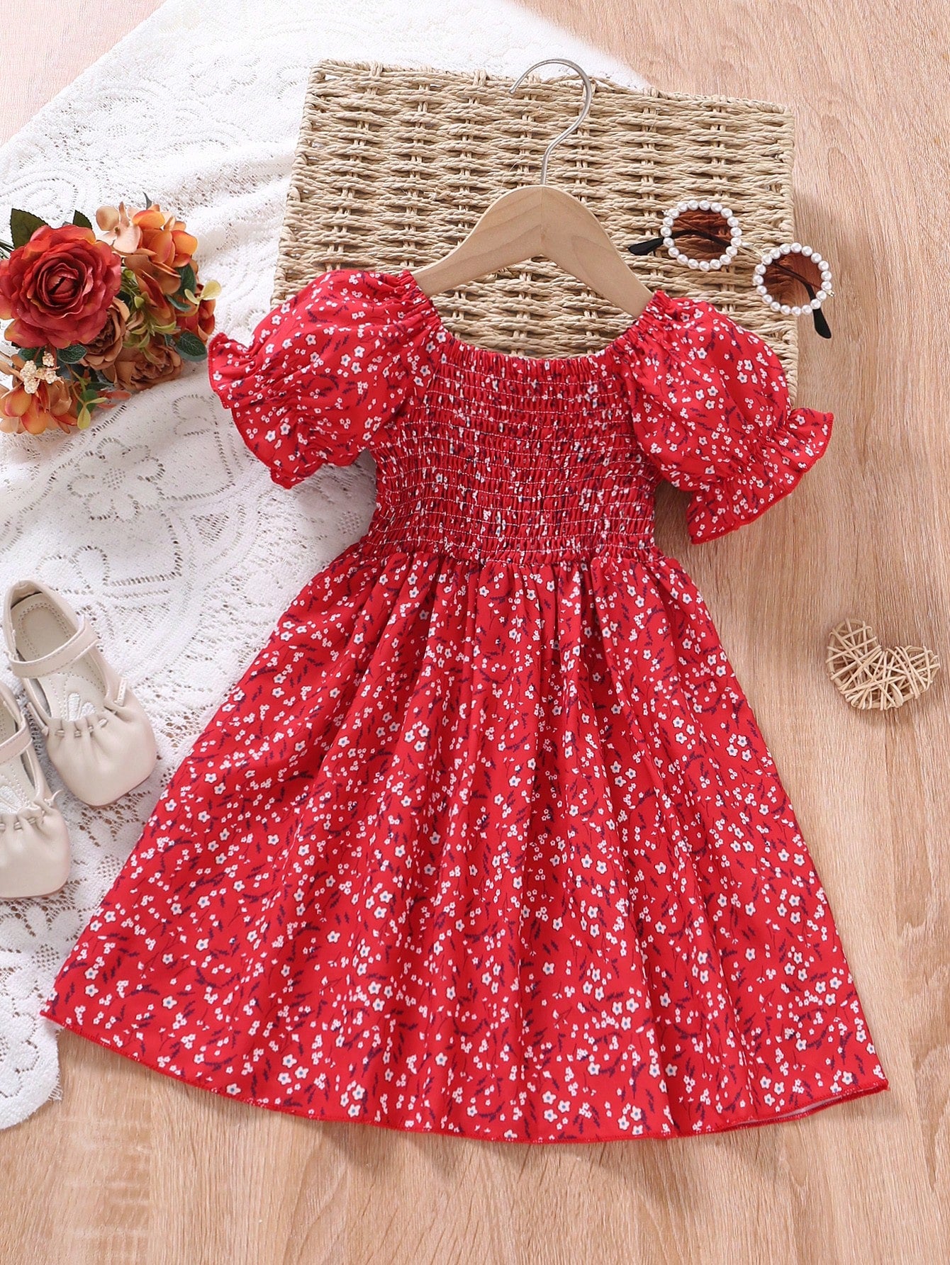 Ditsy Floral Print Puff Sleeve Dress for Young Girls