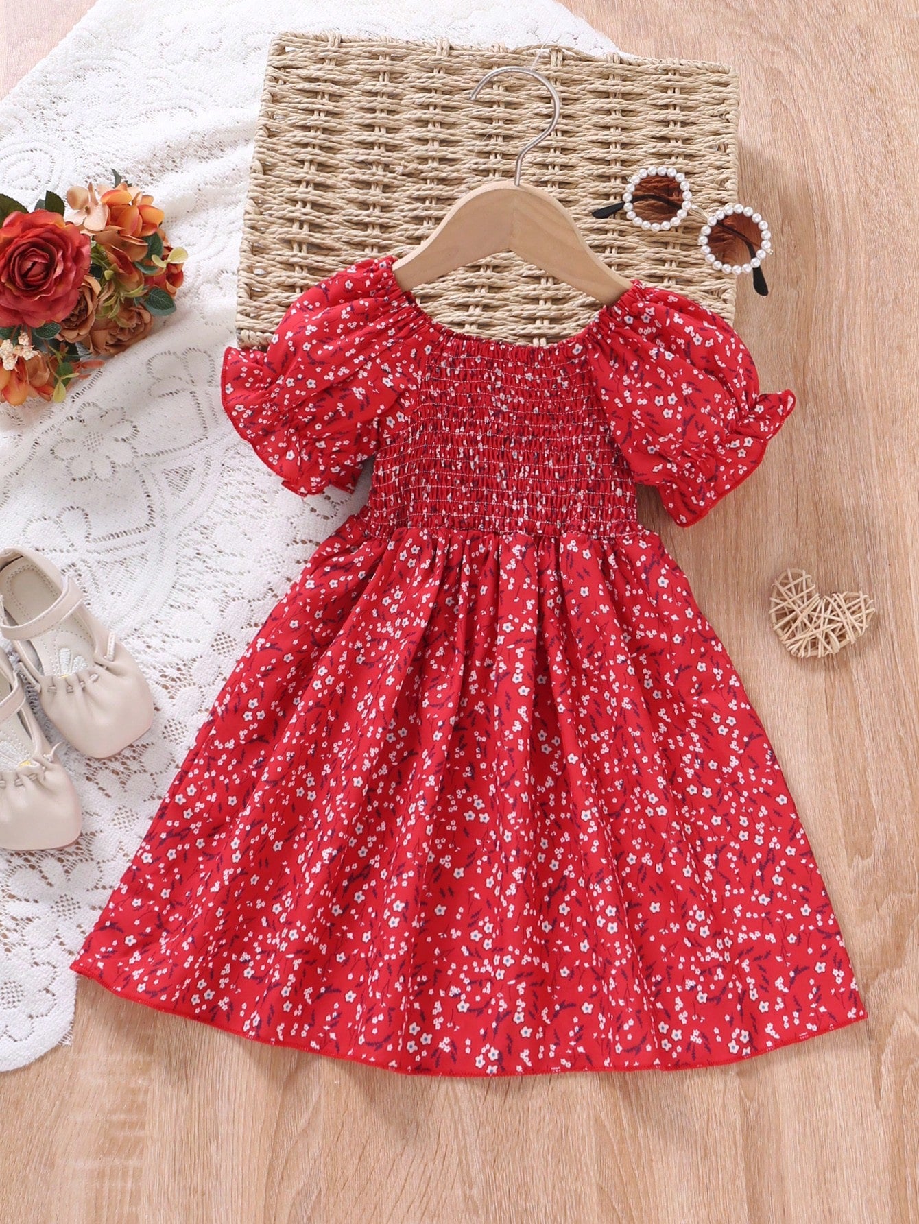 Ditsy Floral Print Puff Sleeve Dress for Young Girls