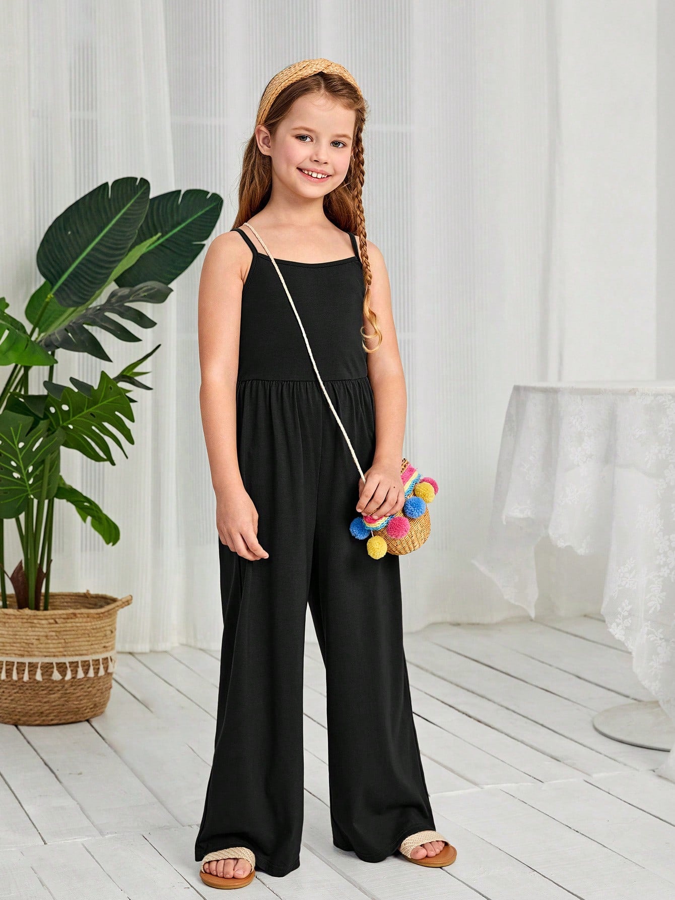 Simple and Stylish Cami Jumpsuit in Solid Color for Tween Girls, Featuring Wide-Leg Design and Sleeveless Top