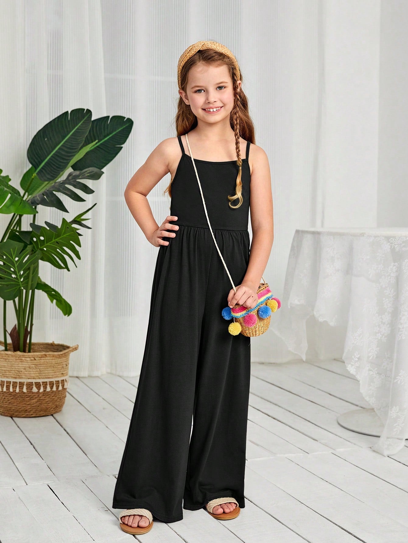 Simple and Stylish Cami Jumpsuit in Solid Color for Tween Girls, Featuring Wide-Leg Design and Sleeveless Top