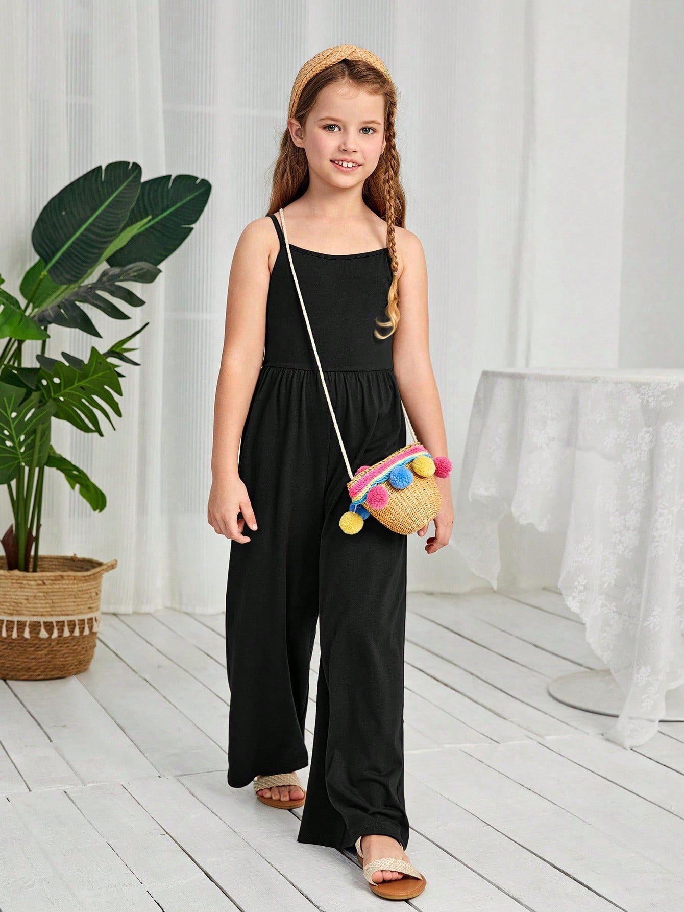 Simple and Stylish Cami Jumpsuit in Solid Color for Tween Girls, Featuring Wide-Leg Design and Sleeveless Top