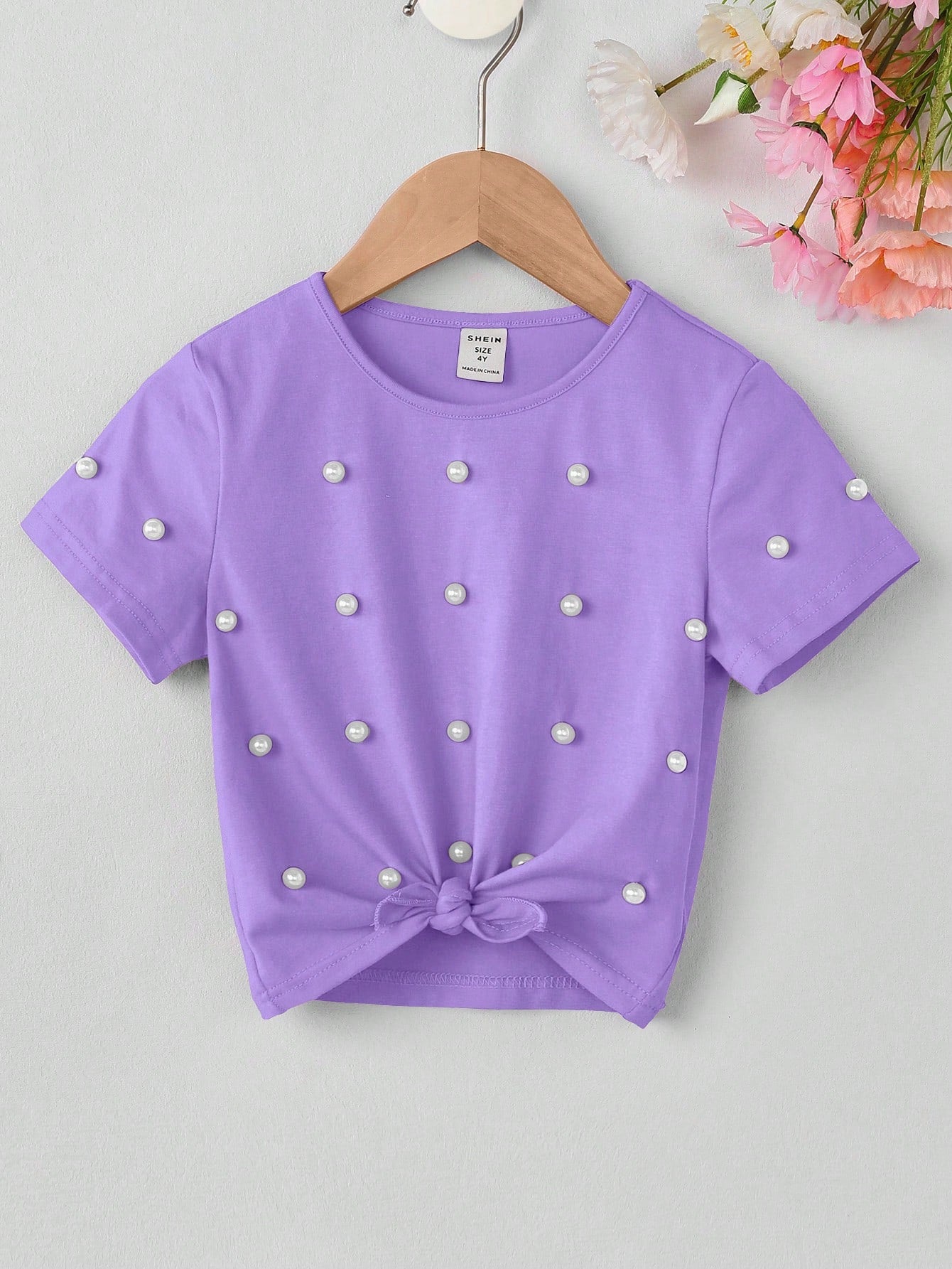 Knitted Pink T-shirt for Toddler Girls, Adorned with Pearl-Studded Hem and Bow Tie Detail