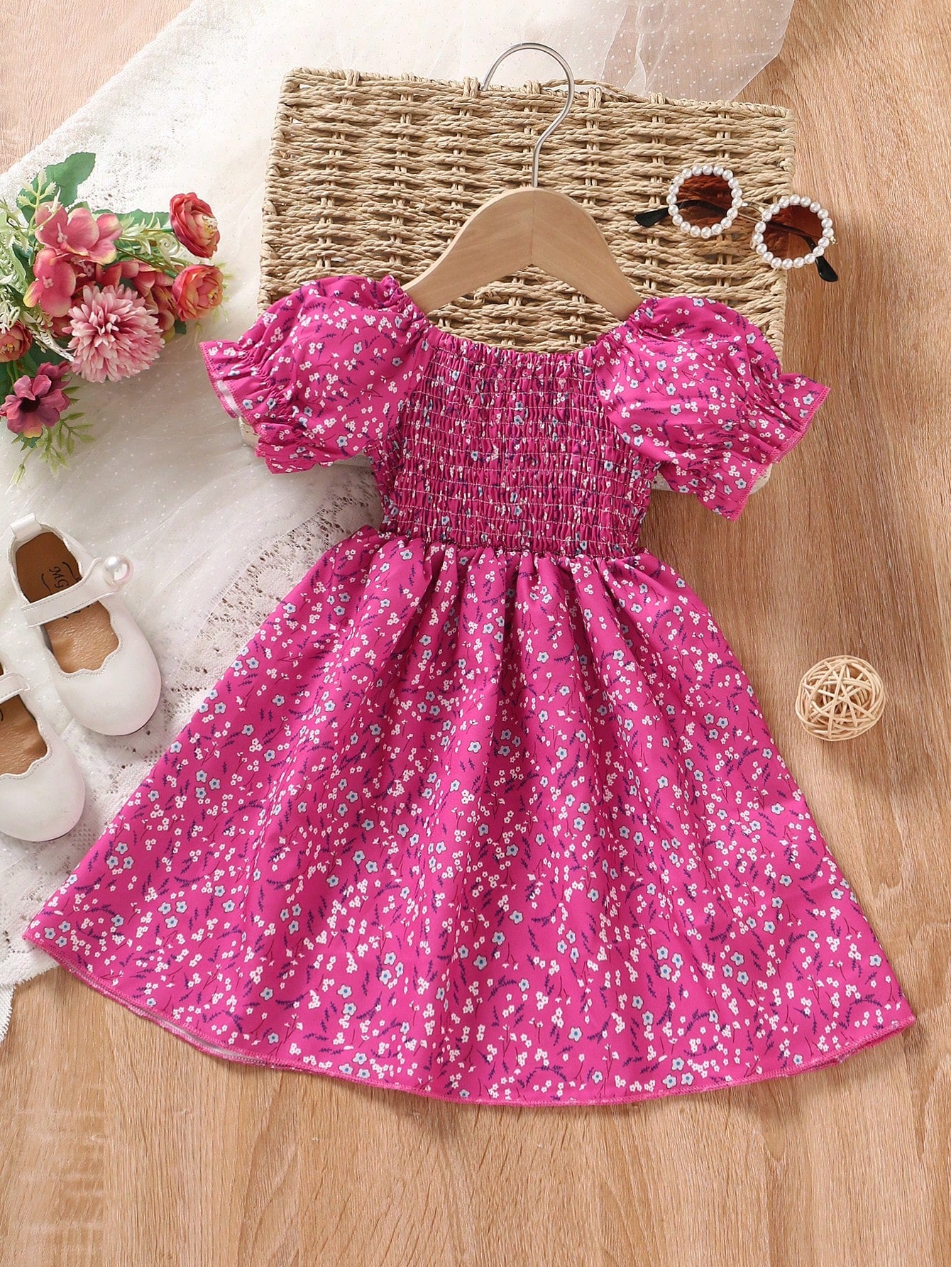 Ditsy Floral Print Puff Sleeve Dress for Young Girls