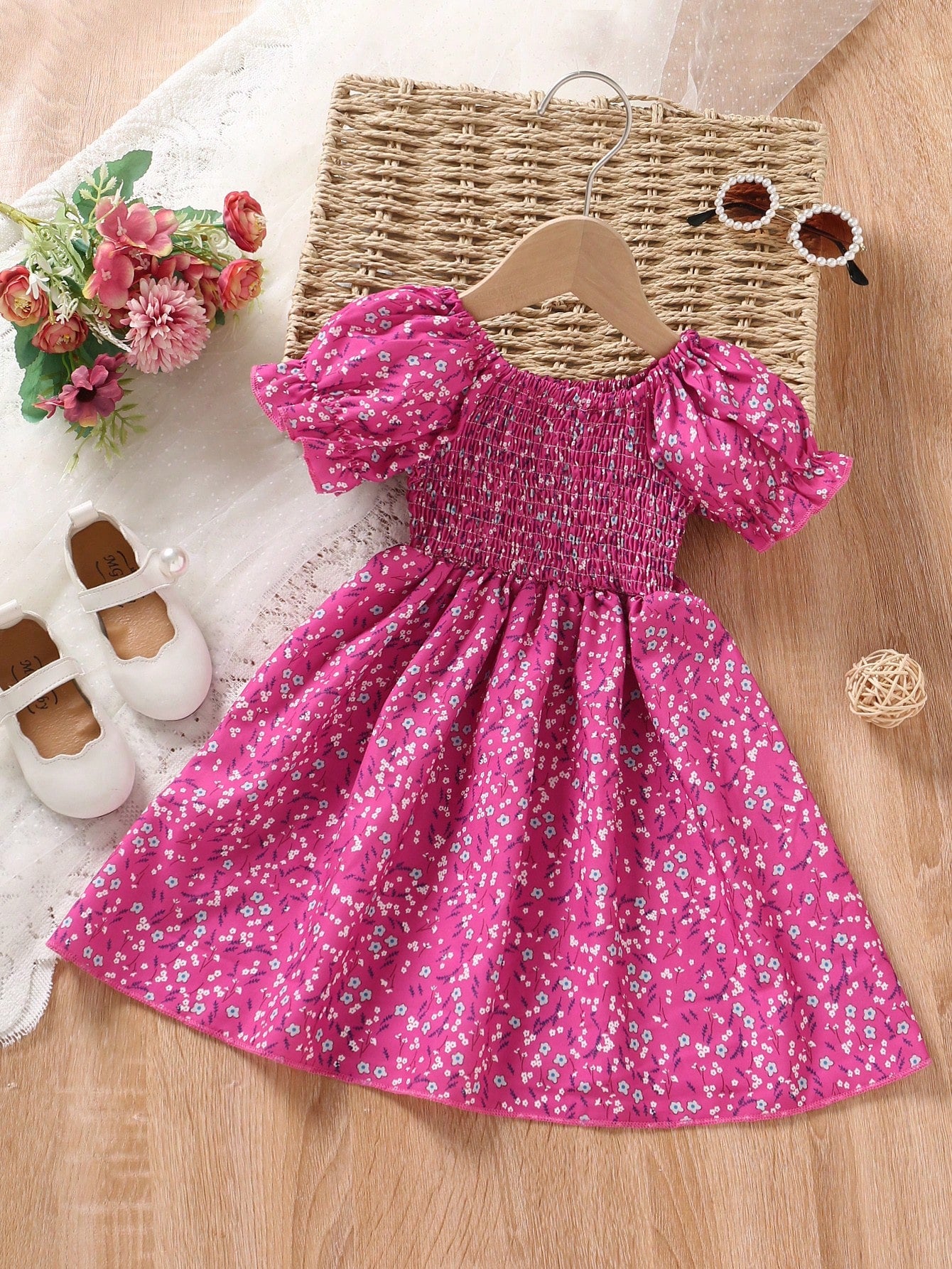 Ditsy Floral Print Puff Sleeve Dress for Young Girls