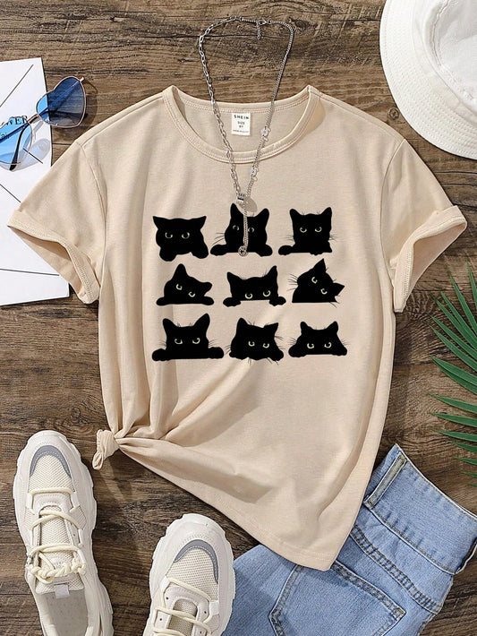 Cat print tee for tween girls – a cute and stylish clothing option for young fashion enthusiasts.