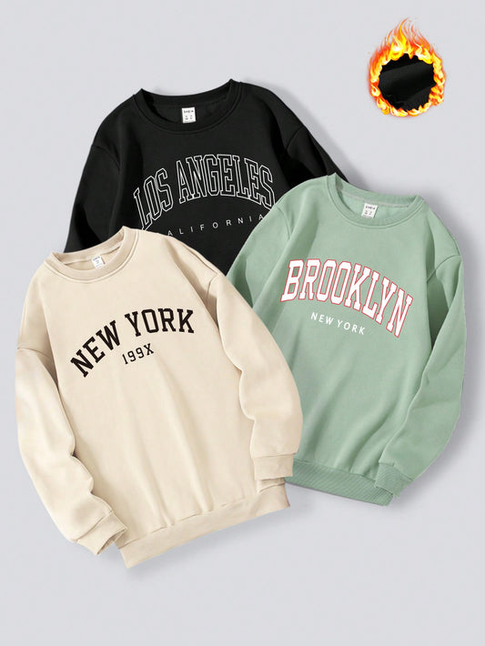 Three-Piece Set for Tween Girls, Including Fashionable Round Neck Sweatshirt with Letter Print and Soft Fleece Lining