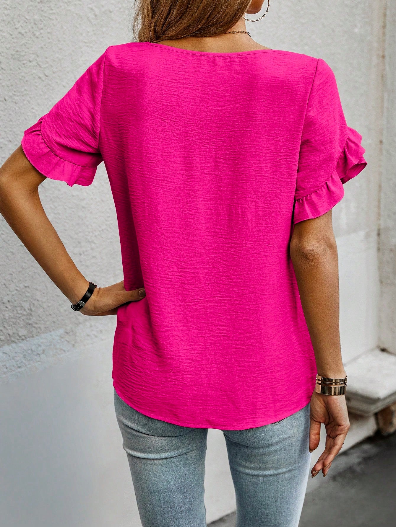 Cap Sleeve Blouse with Solid Color and Ruffled Trim