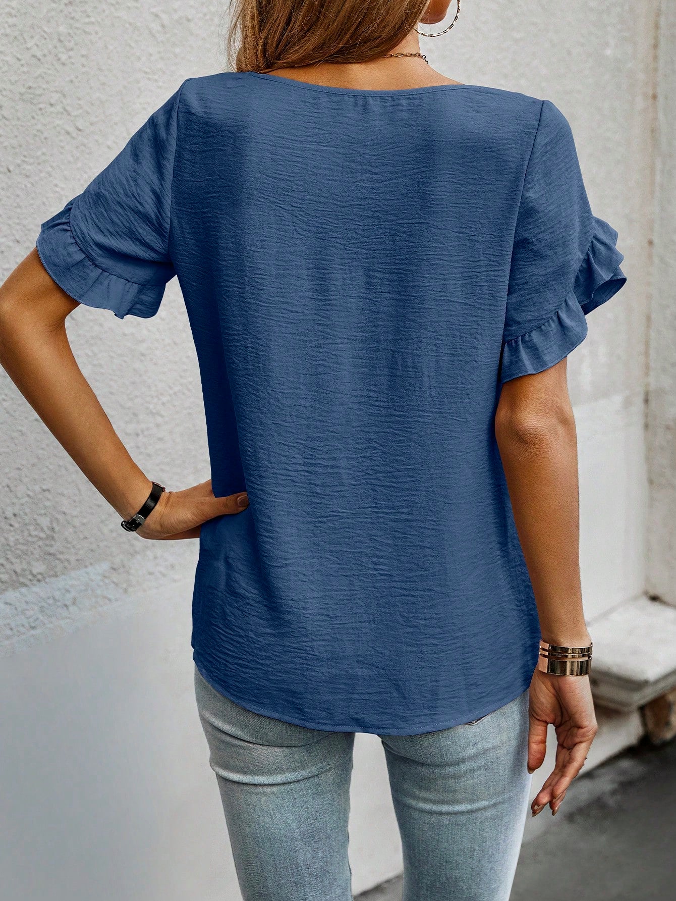 Cap Sleeve Blouse with Solid Color and Ruffled Trim