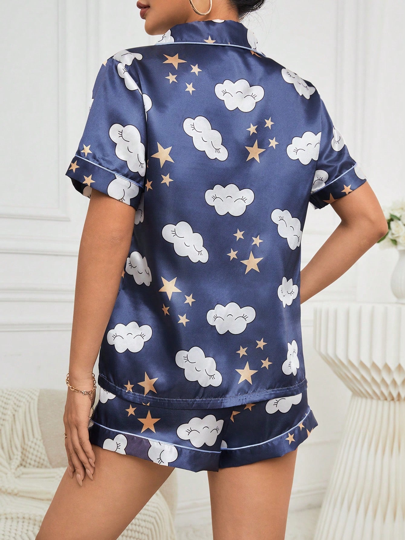 Satin Pajama Set for Women with Clouds & Stars Print