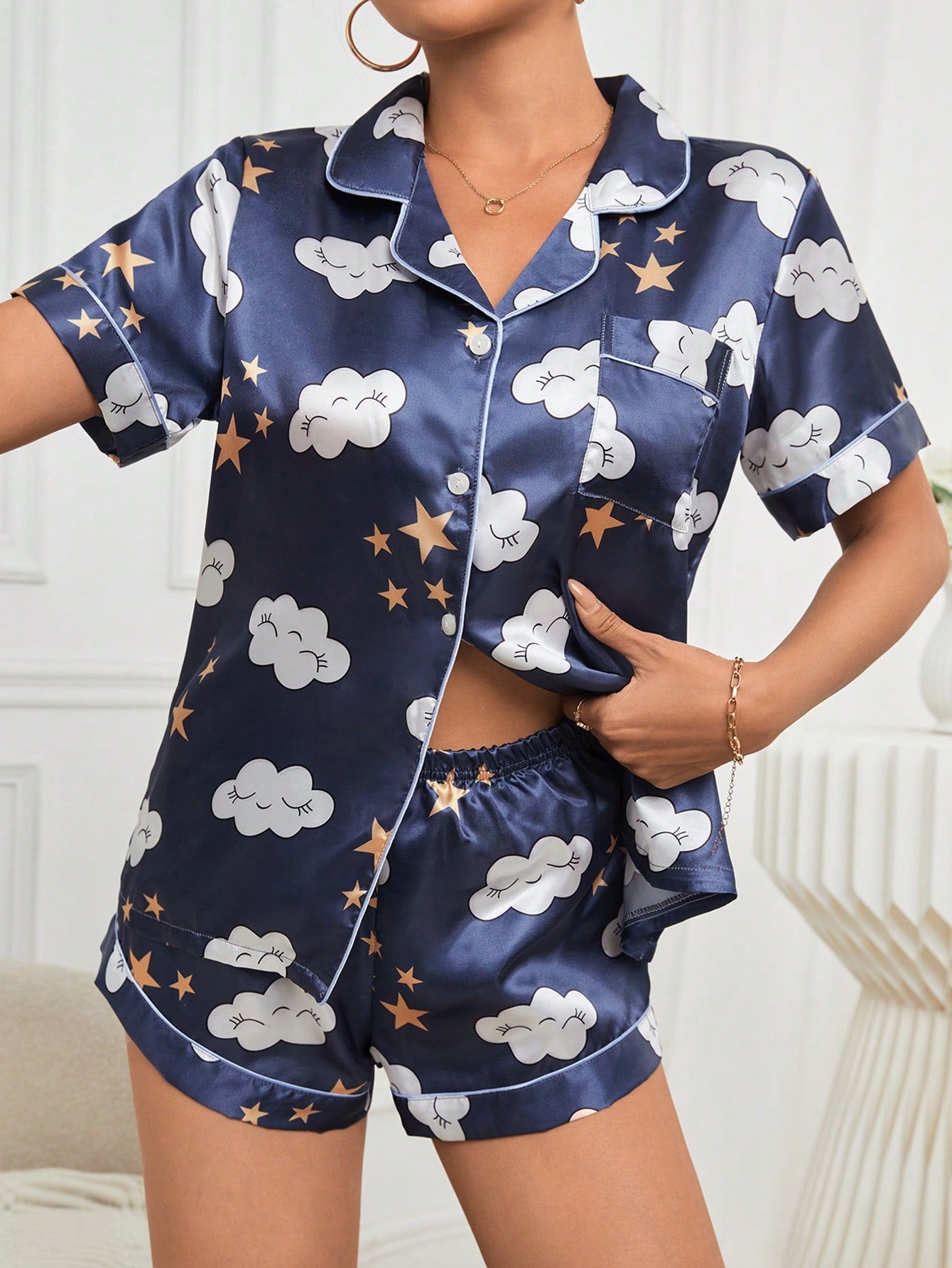 Satin Pajama Set for Women with Clouds & Stars Print