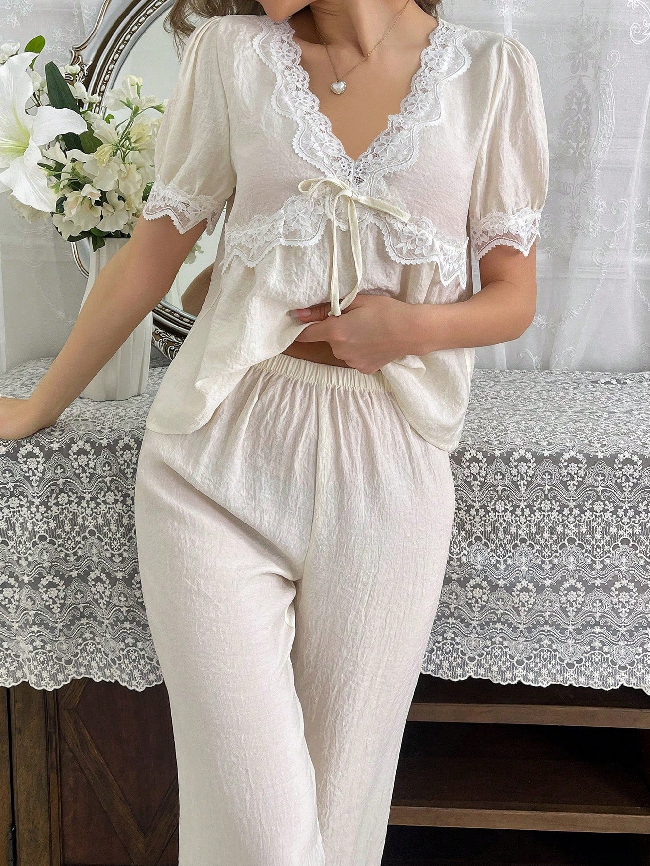 Women's Pajama Set with Lace Trim