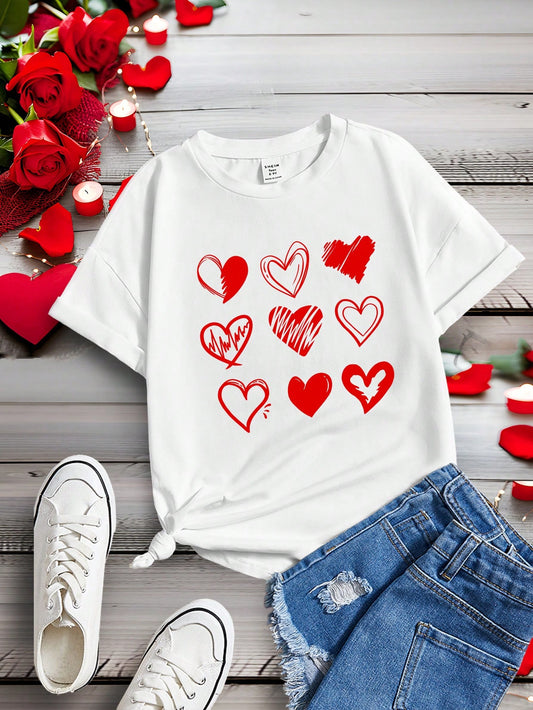 Teen Girls' Casual Simple Love Heart Pattern Short Sleeve T-Shirt, Suitable For Summer