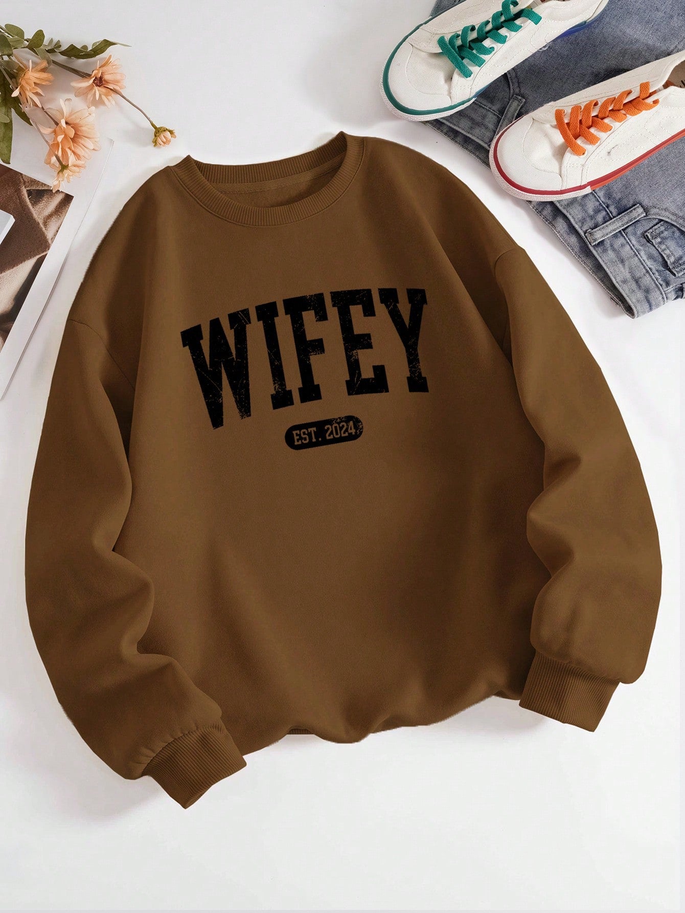 Crew Neck Sweatshirt for Women with Printed Letters