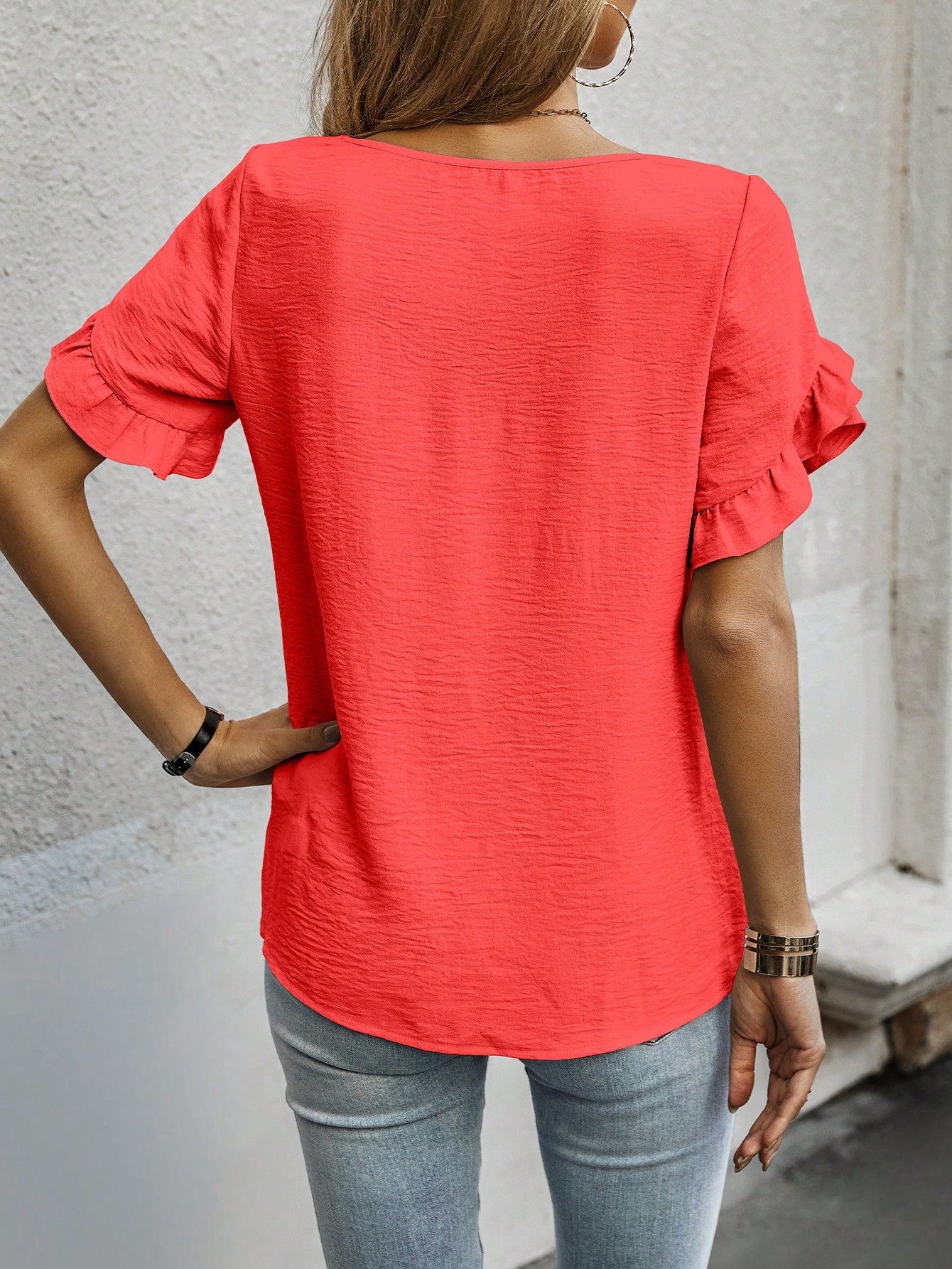 Cap Sleeve Blouse with Solid Color and Ruffled Trim