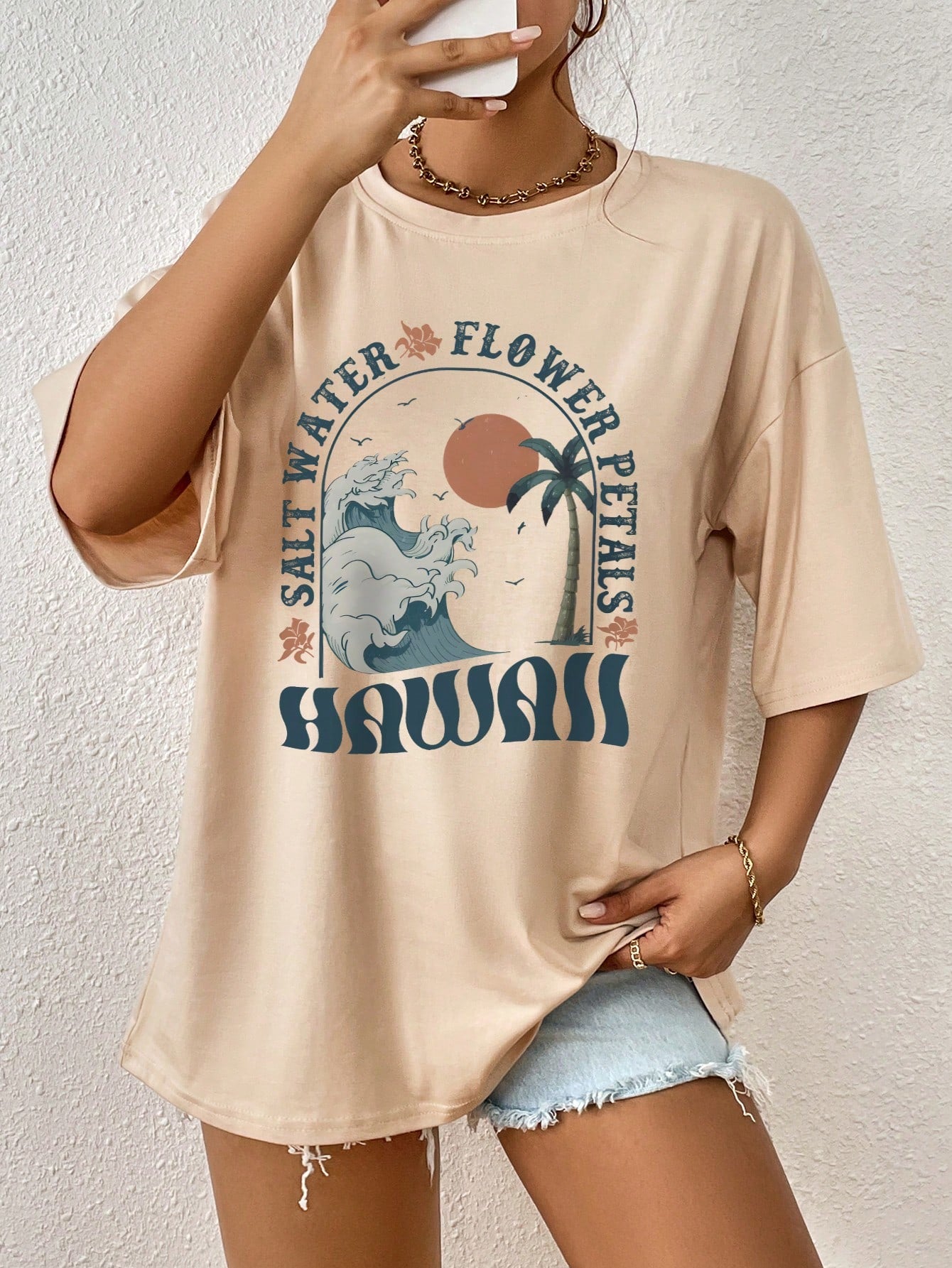 Drop Shoulder T-Shirt with Scenery and Letter Print