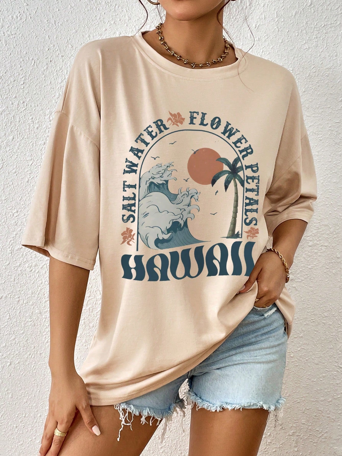 Drop Shoulder T-Shirt with Scenery and Letter Print