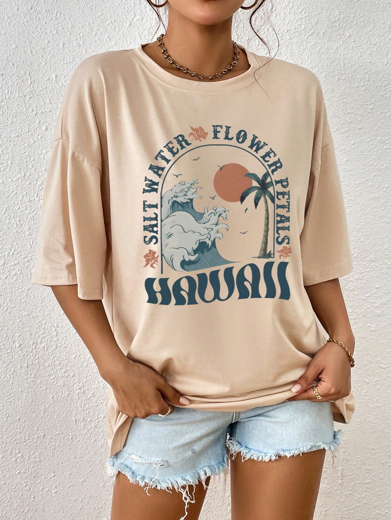 Drop Shoulder T-Shirt with Scenery and Letter Print